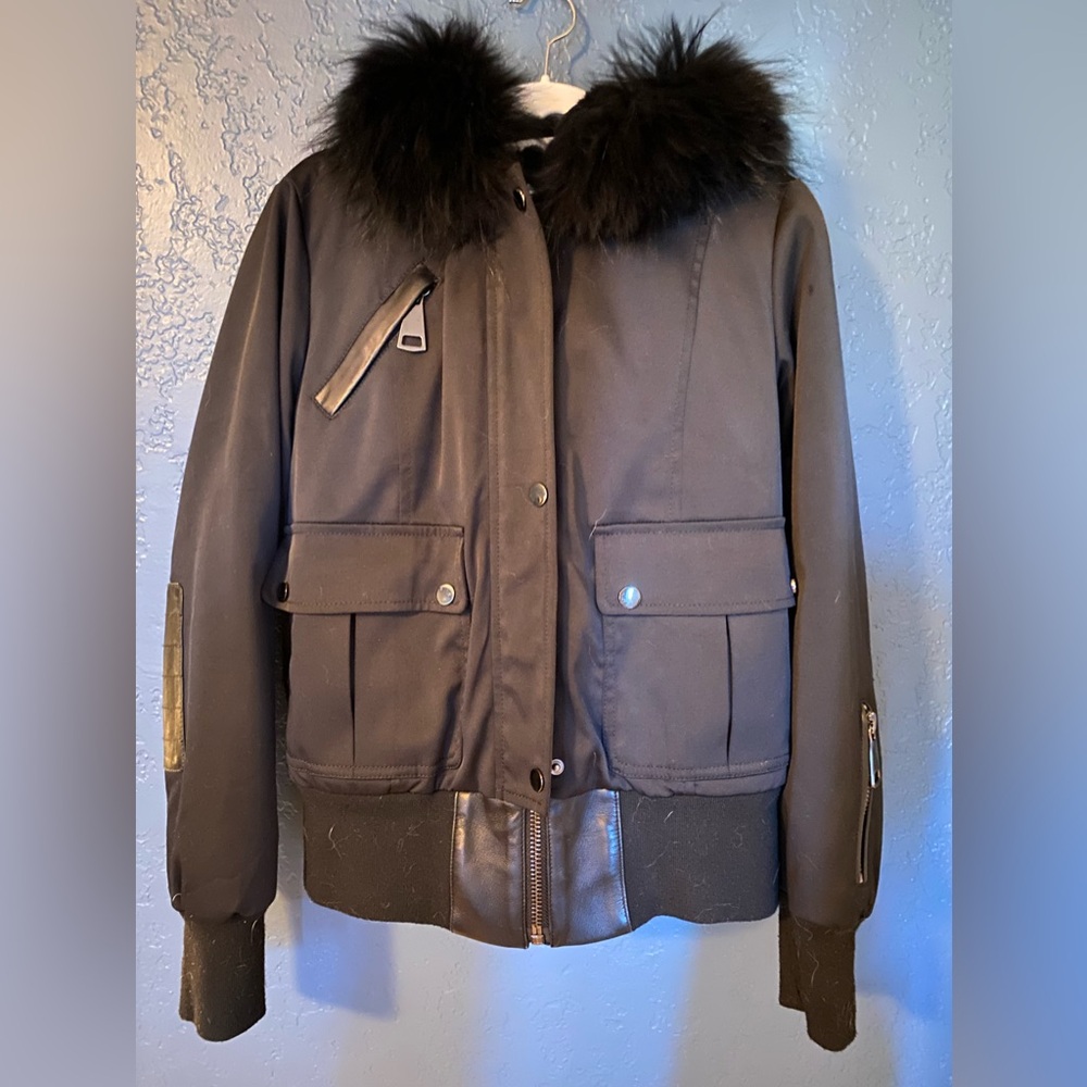 DIANA ROSH BLACK BOMBER / UTILITY COAT W/ REMOVABLE RABBIT VEST AND FOX TRIM XS
